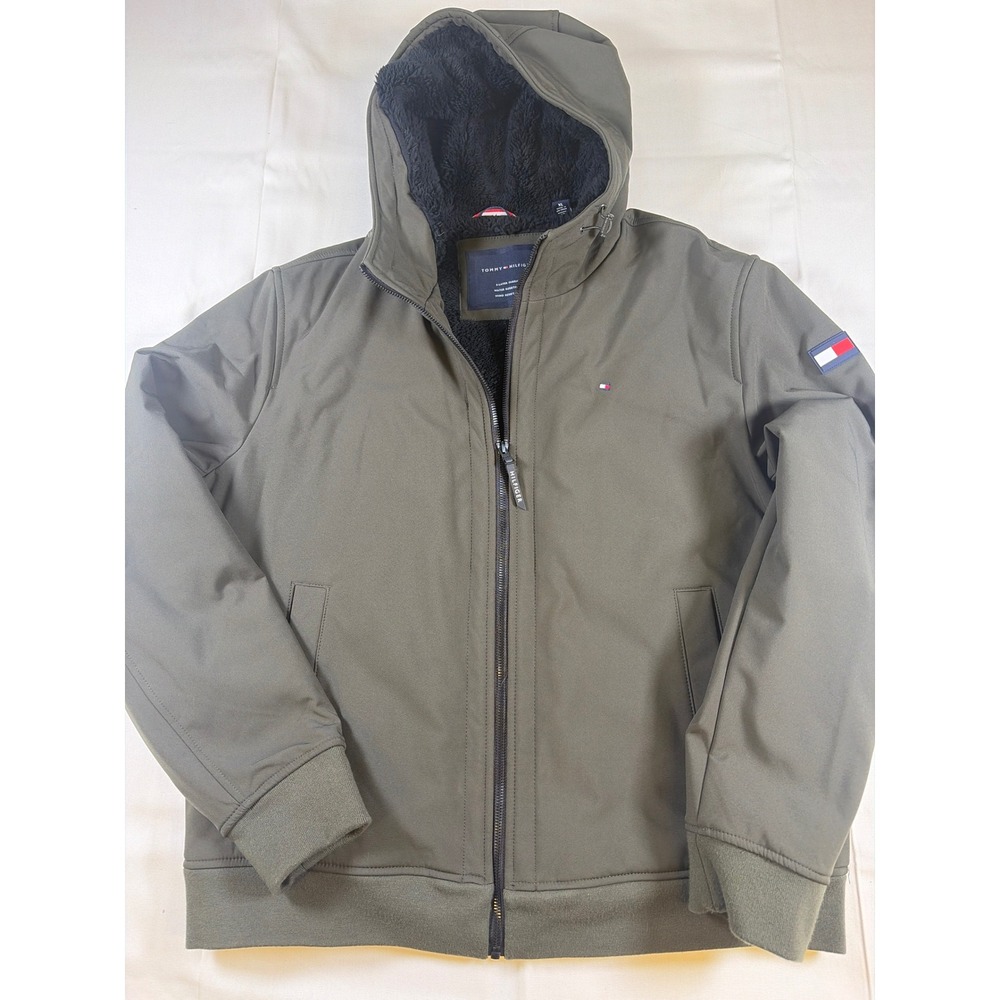 Tommy Hilfiger Mens Olive Green Sherpa Lined Softshell Hooded Jacket XL 151AP383